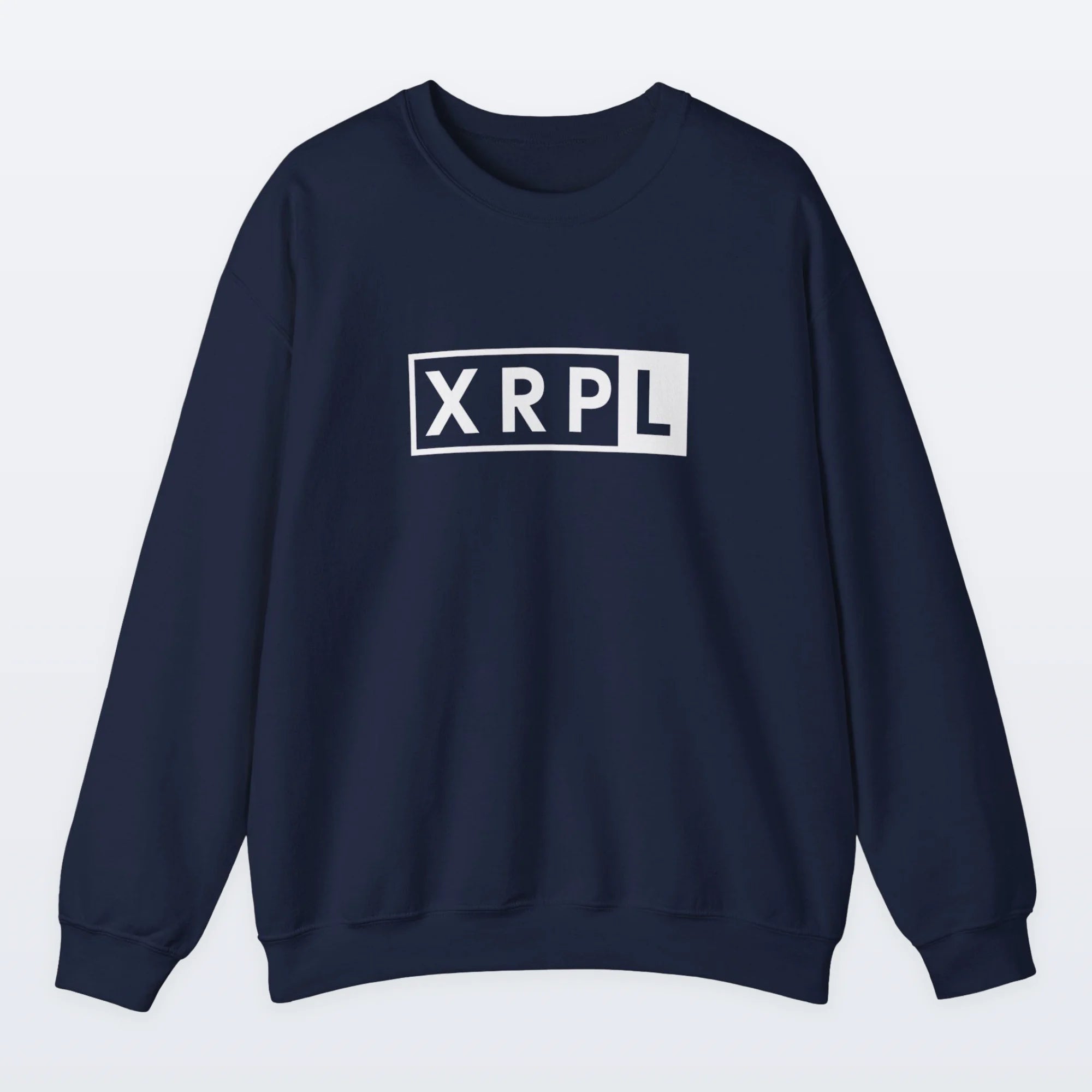 Navy blue XRP sweatshirt with 'XRPL' logo on a light gray background