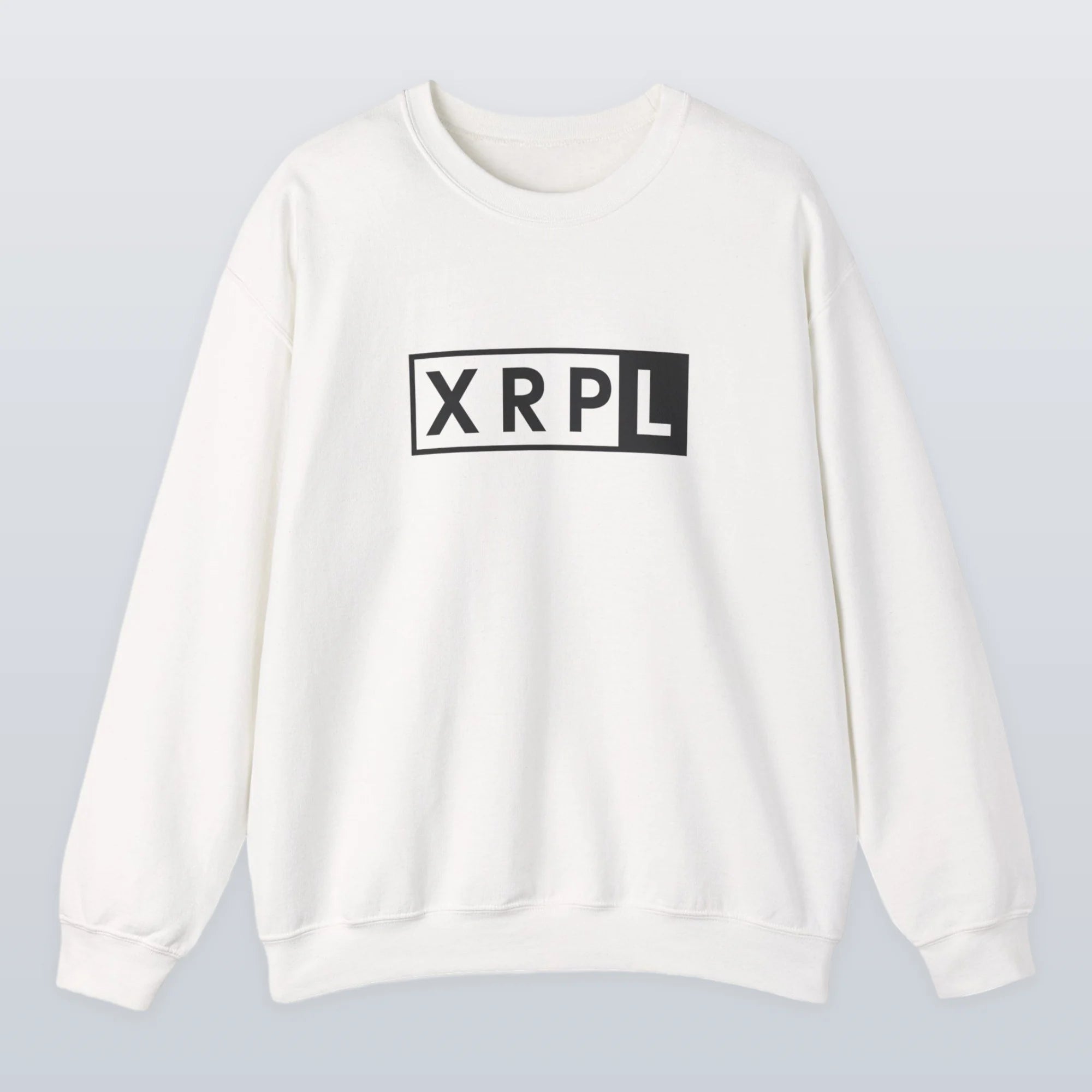 White XRP sweatshirt with 'XRPL' logo on a light gray background