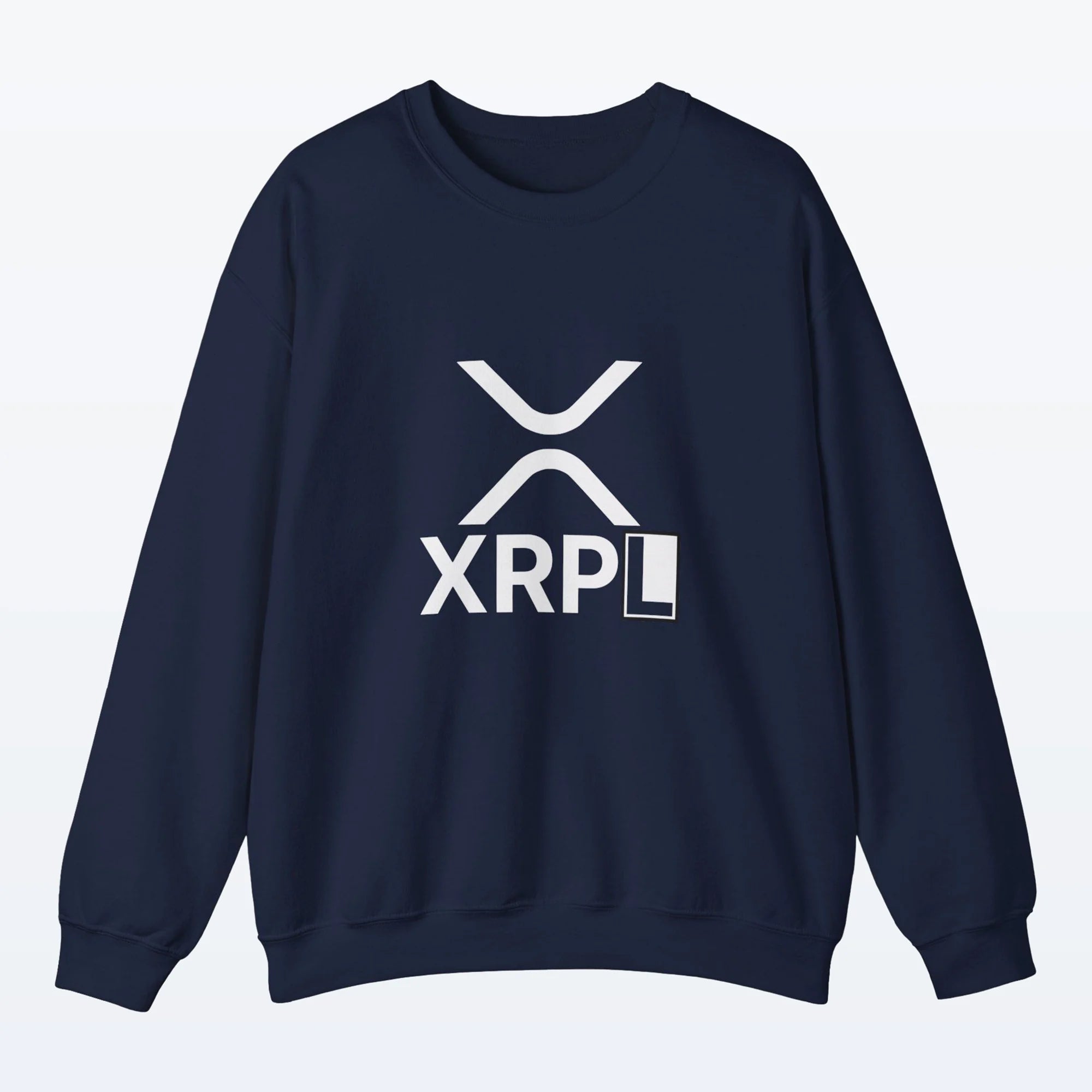 Navy blue XRP sweatshirt with white XRPL logo on a light gray background