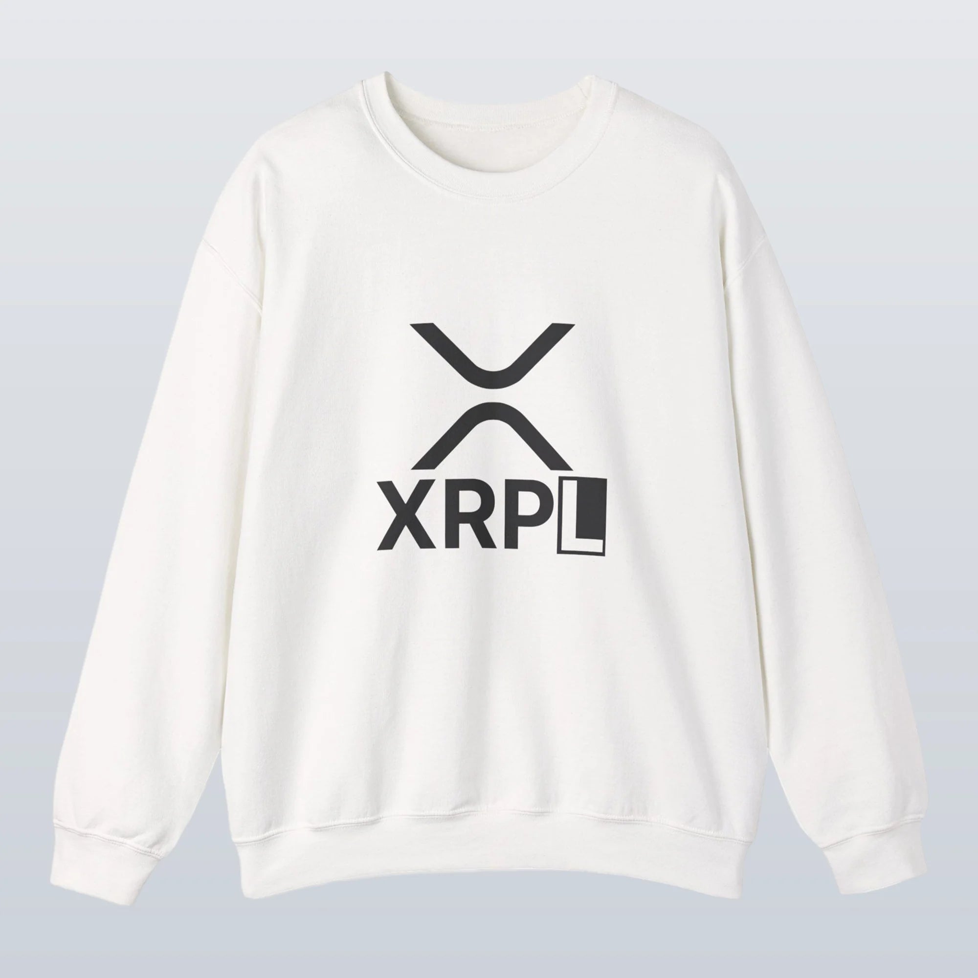 White XRP sweatshirt with XRPL logo on a light gray background