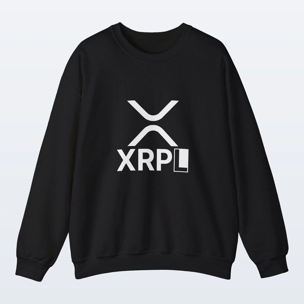 Black XRP sweatshirt with XRPL logo on a light gray background