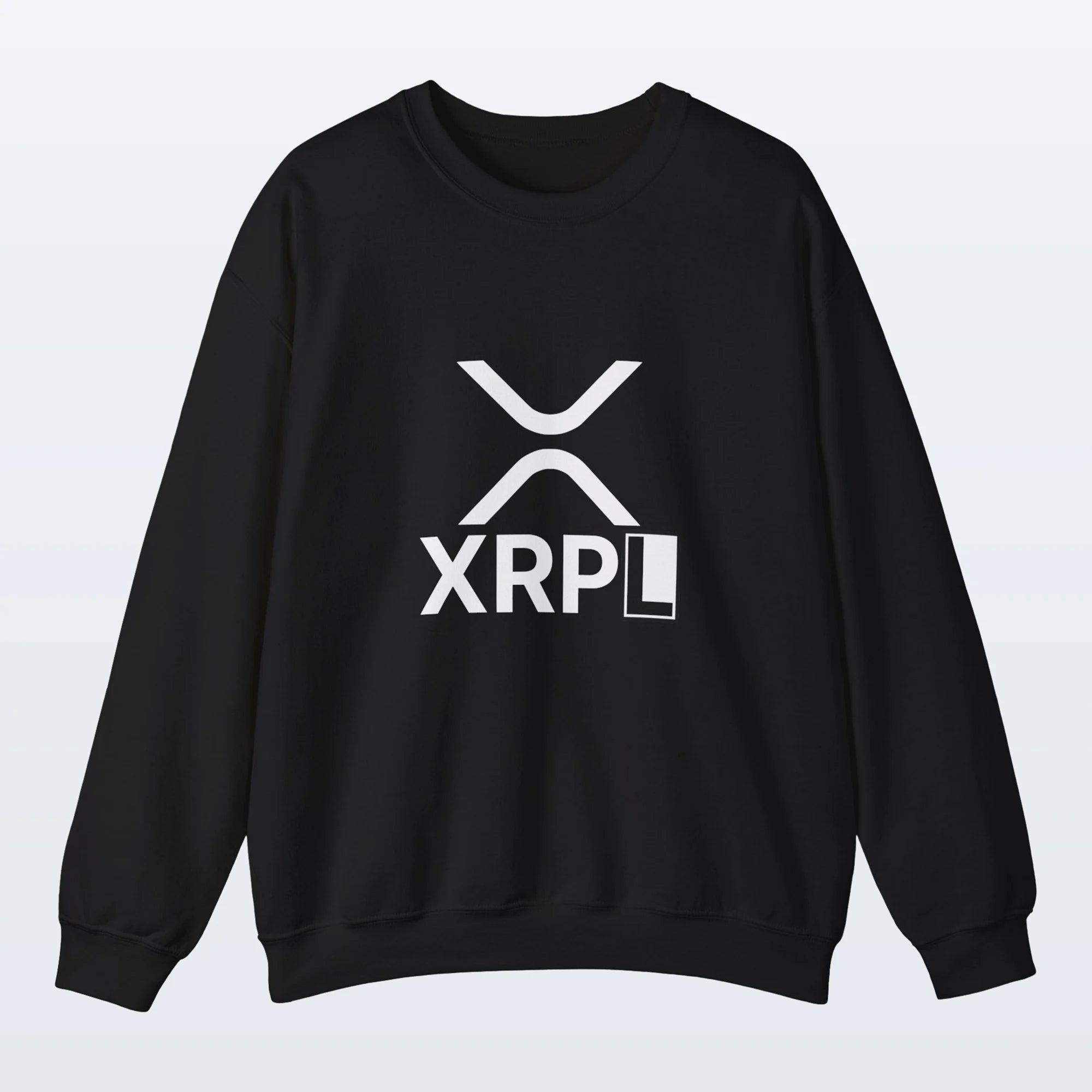 Black XRP sweatshirt with XRPL logo on a light gray background