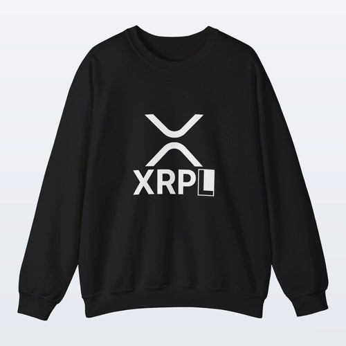 Black XRP sweatshirt with XRPL logo on a light gray background