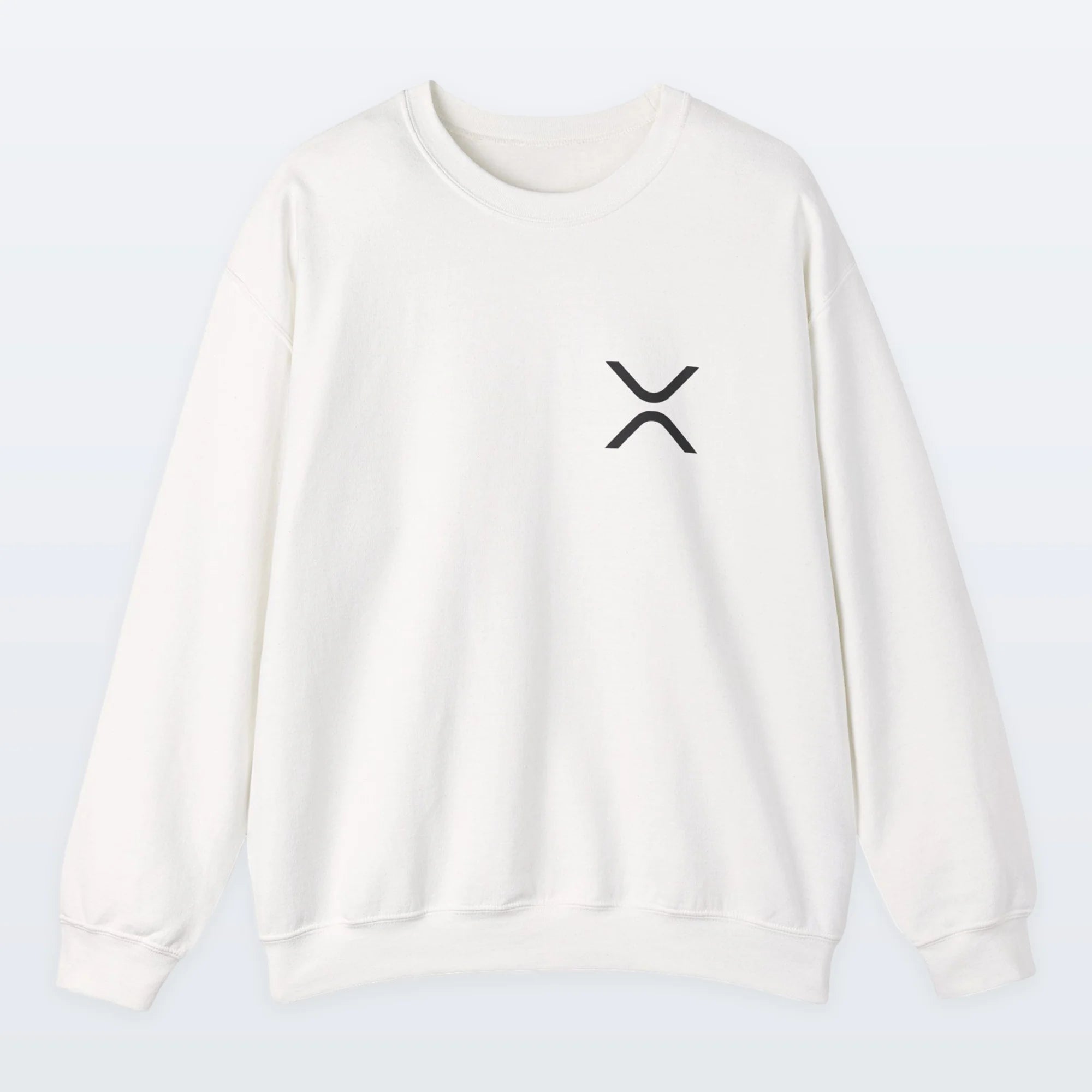 White XRP sweatshirt with a black XRP logo on a light gray background