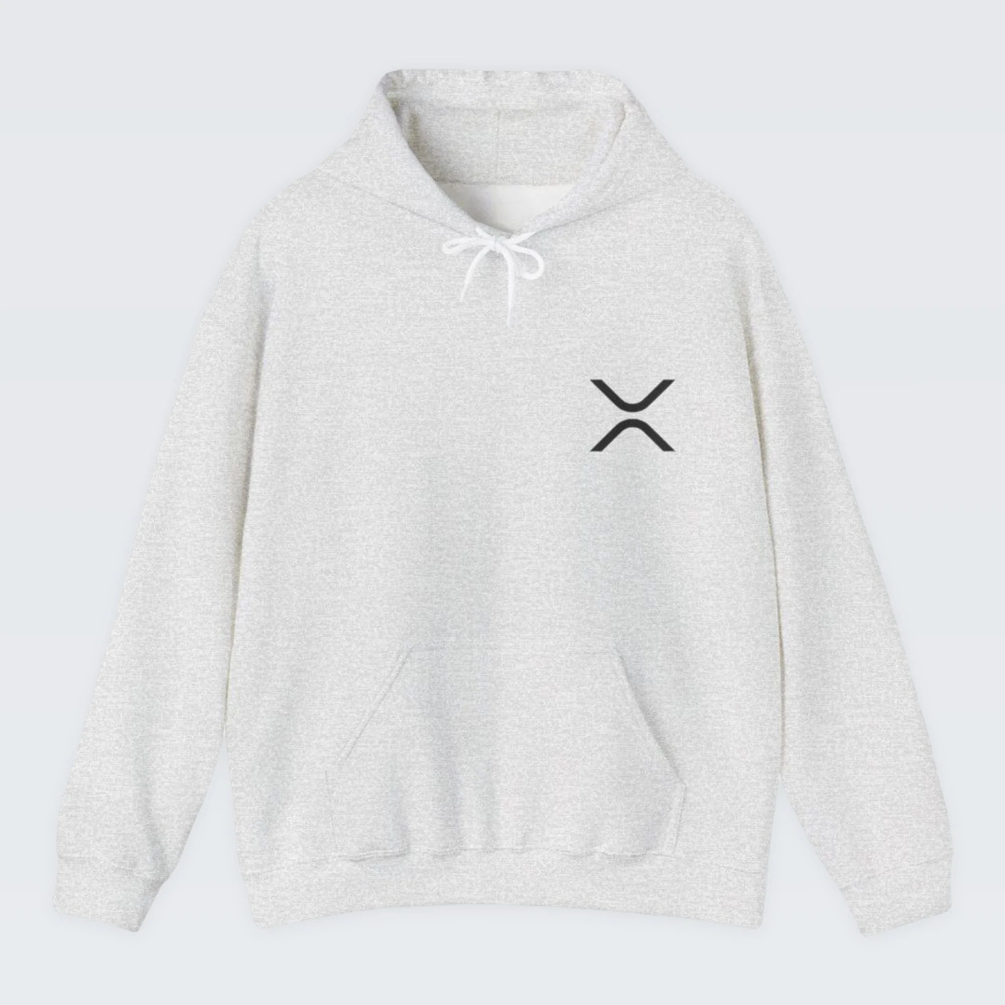 Ash colored XRP hoodie with a black logo on a white background