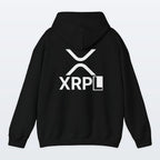 Black XRP hoodie with 'XRPL' logo on the back against a light gray background