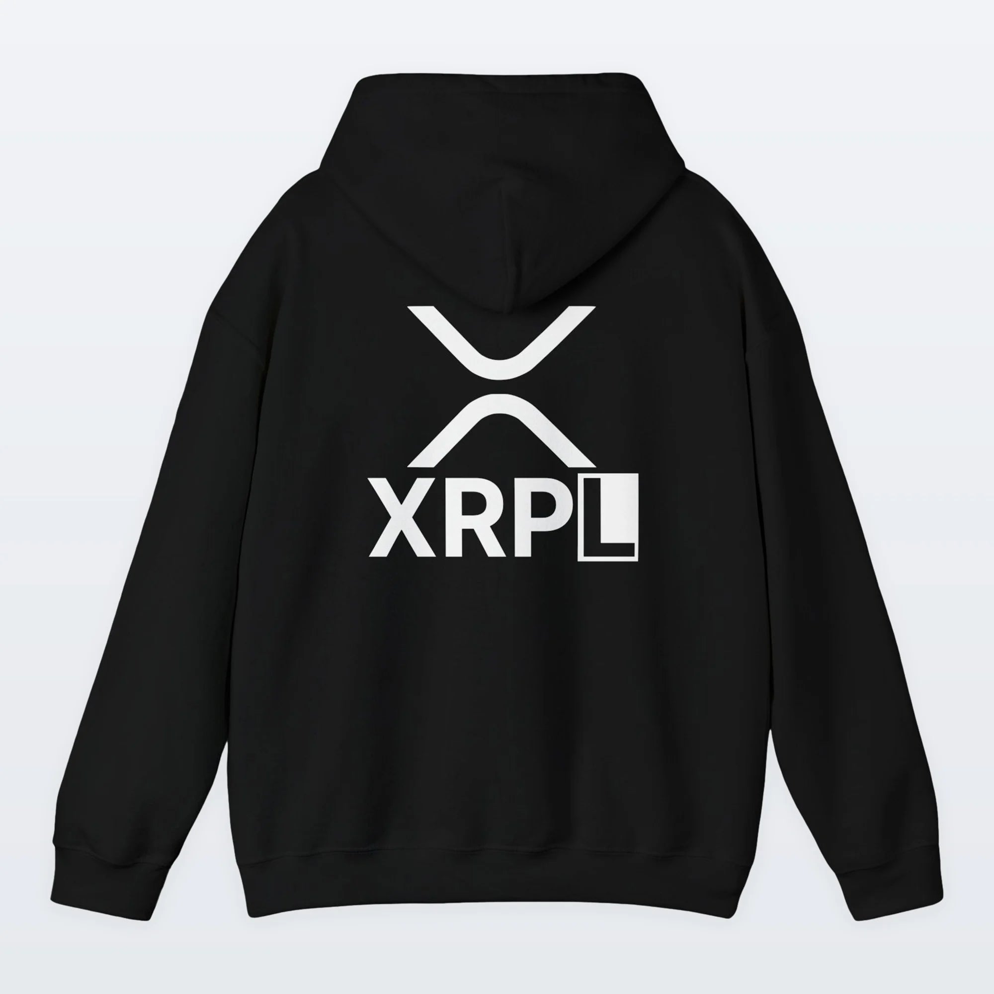 Black XRP hoodie with 'XRPL' logo on the back against a light gray background