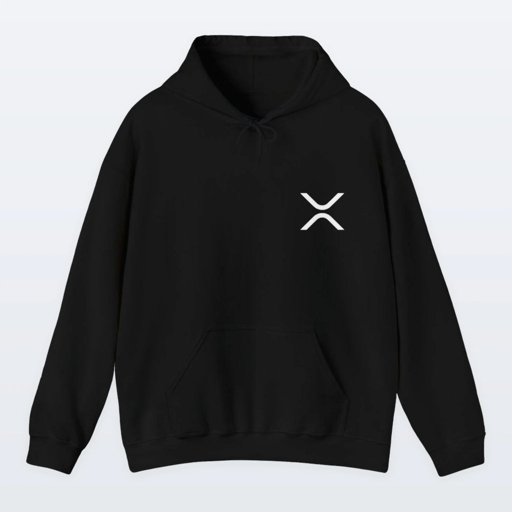 Black XRP hoodie with a white logo on a light gray background