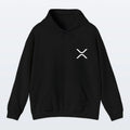 Black XRP hoodie with a white logo on a light gray background