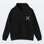 Black XRP hoodie with a white logo on a light gray background
