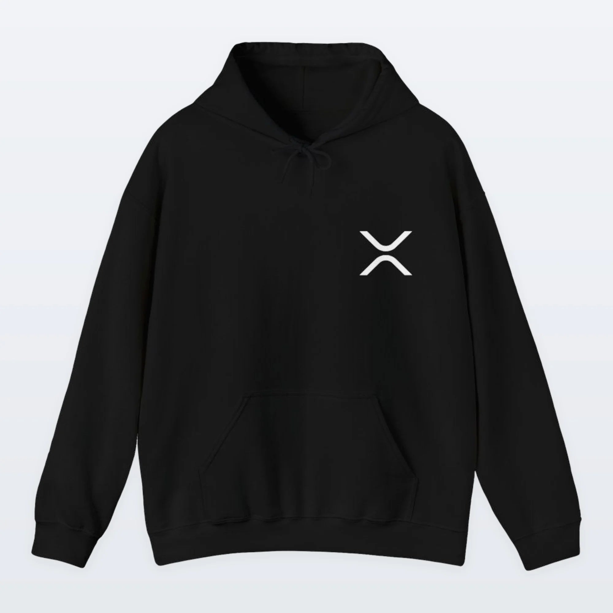 Black XRP hoodie with a white logo on a light gray background
