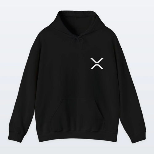 Black XRP hoodie with a white logo on a light gray background