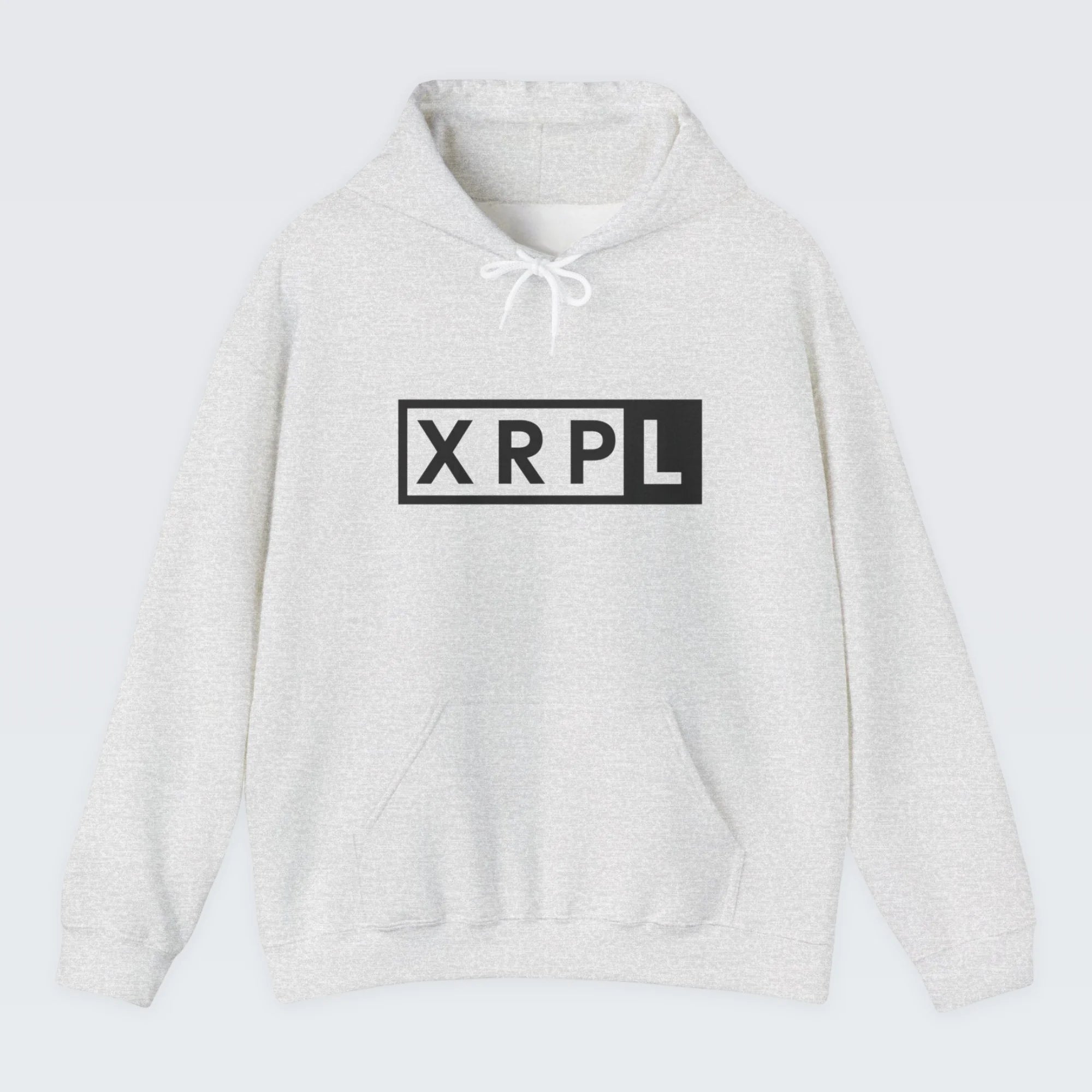 Gray XRP hoodie with 'XRPL' logo on a white background