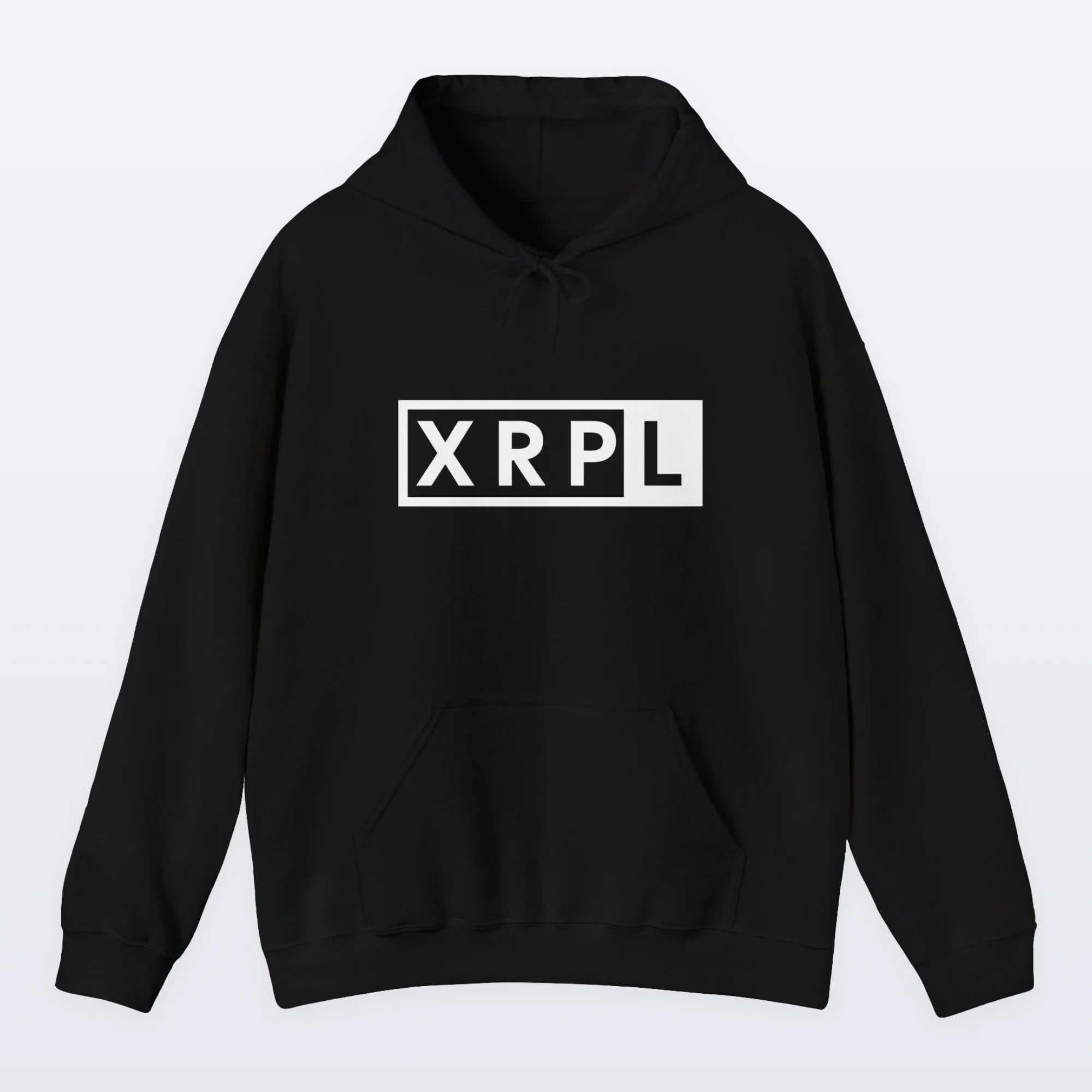 Black XRP hoodie with 'XRPL' logo on a light gray background