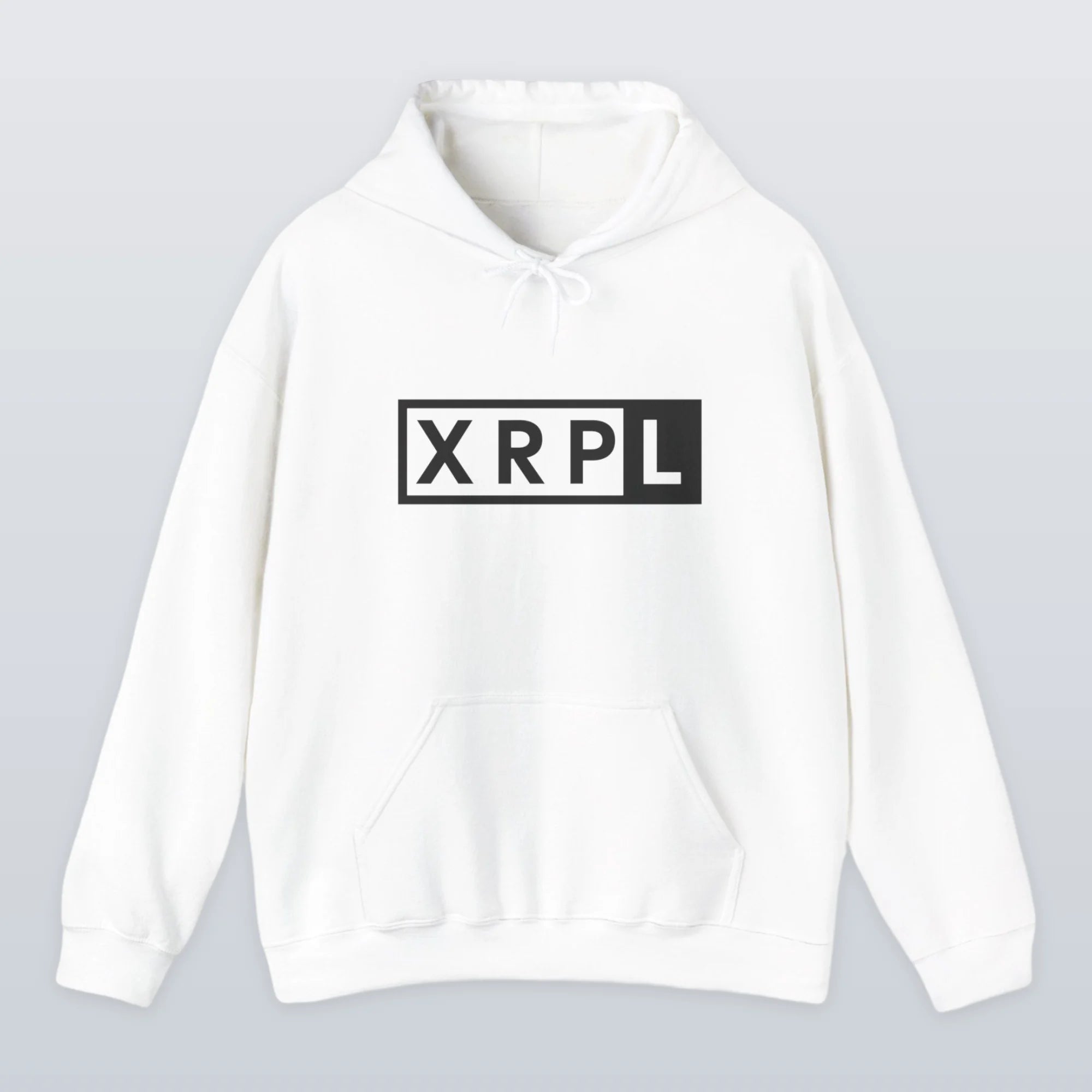 White XRP hoodie with 'XRPL' logo on a gray background