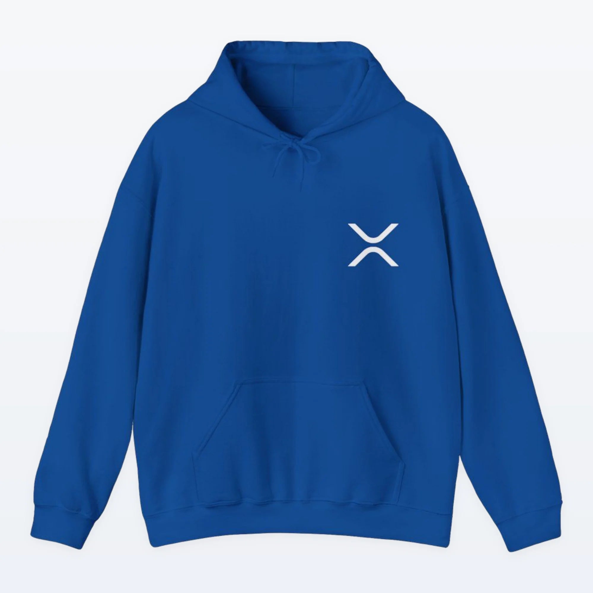 Blue XRP hoodie with a white XRP logo on a light blue background