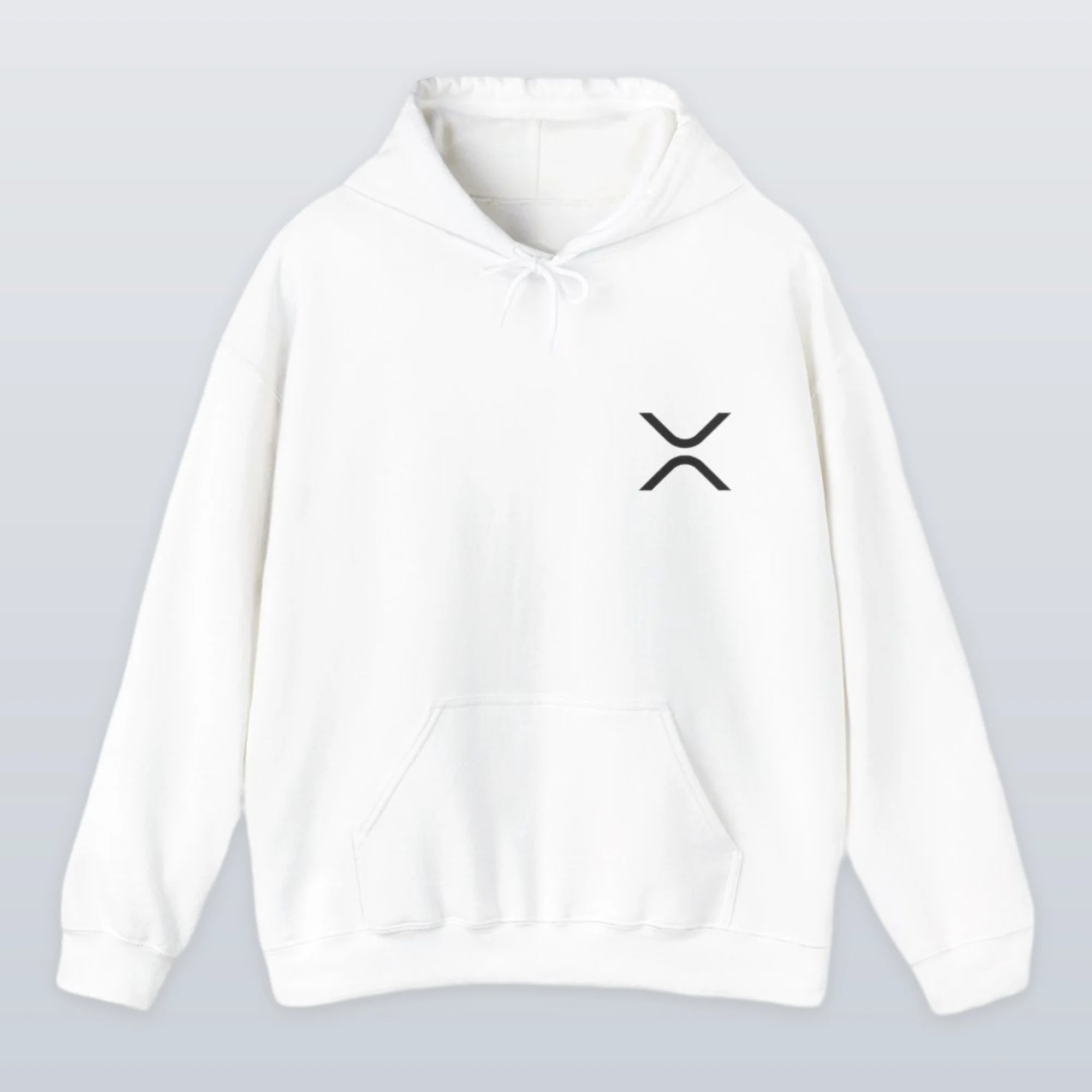 White XRP hoodie with a black XRP logo on a light gray background