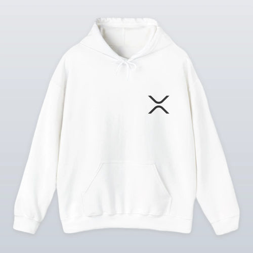 White XRP hoodie with a black XRP logo on a light gray background