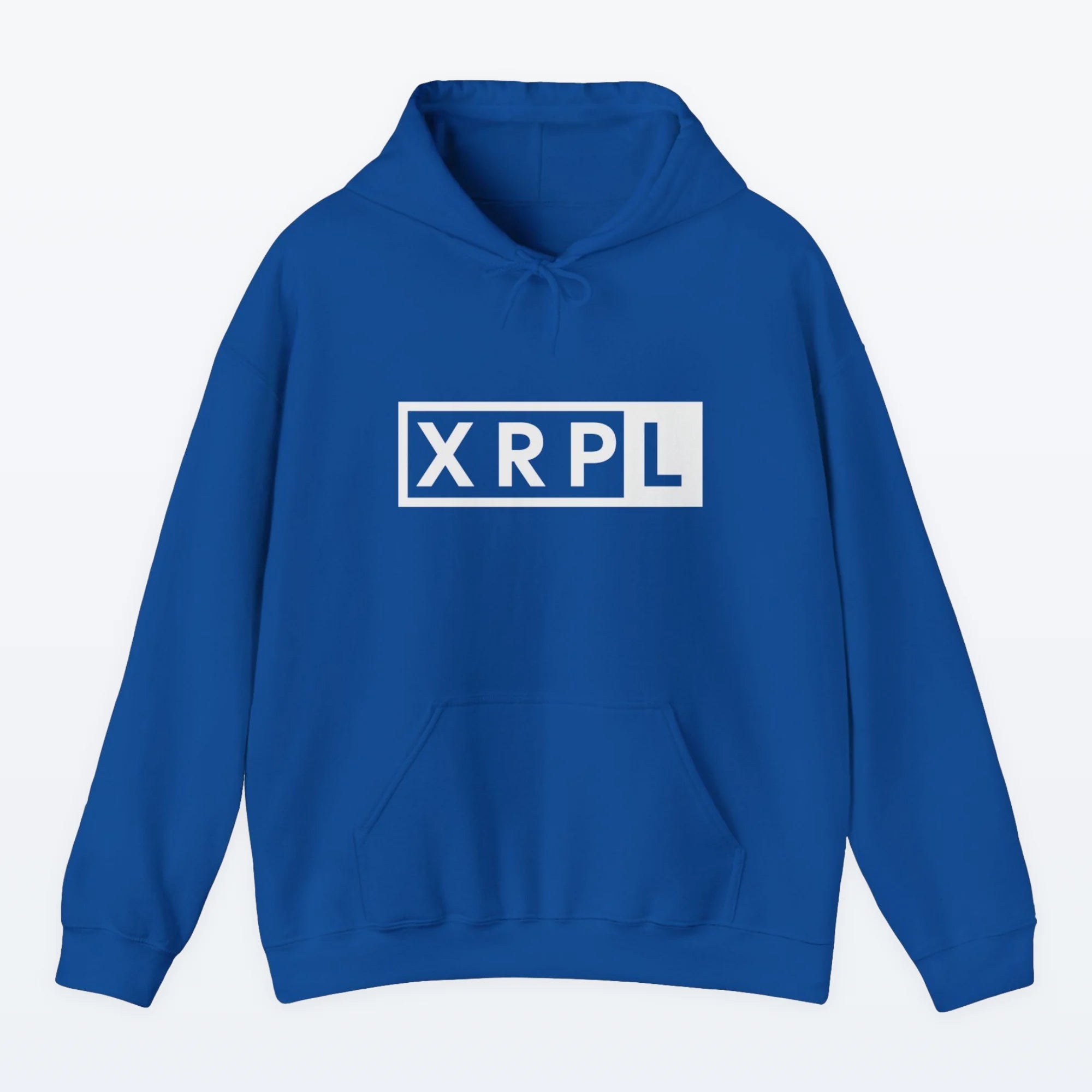 Blue XRP hoodie with 'XRPL' logo on a white background