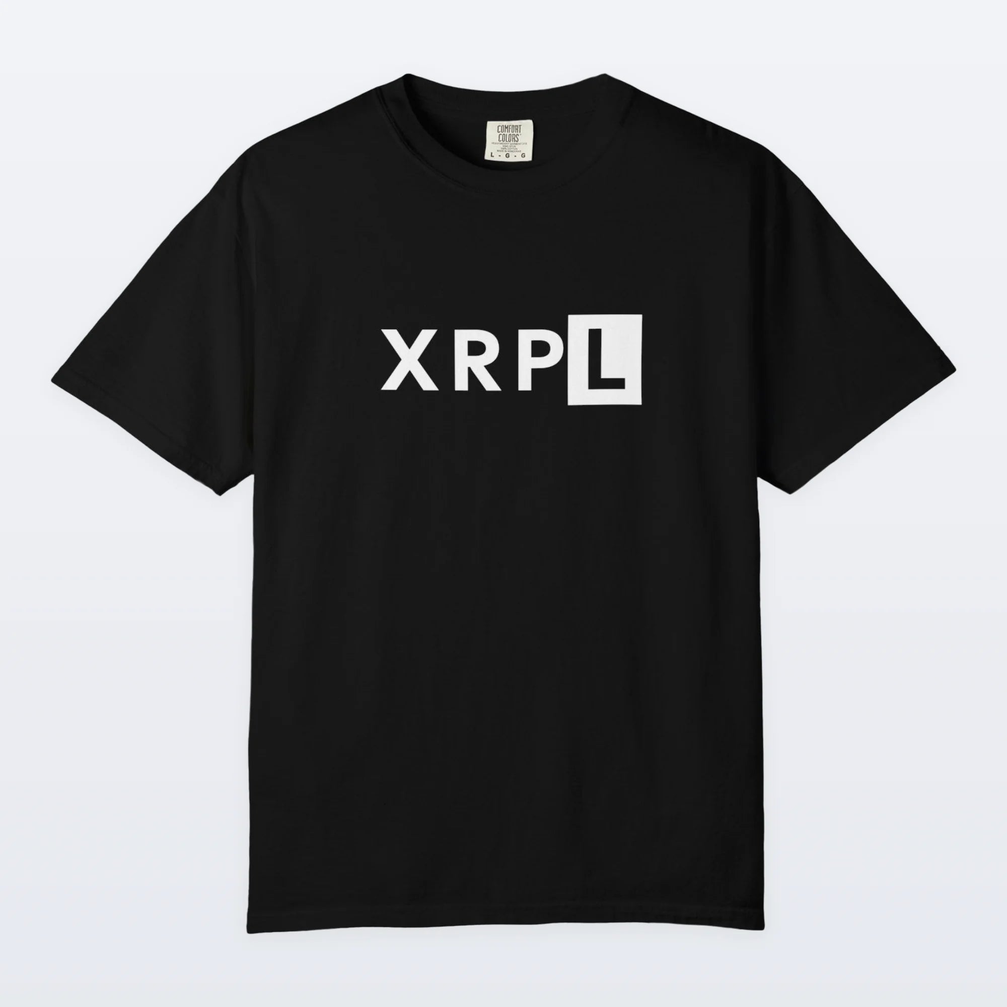 Black XRP t-shirt with 'XRPL' logo on a white background