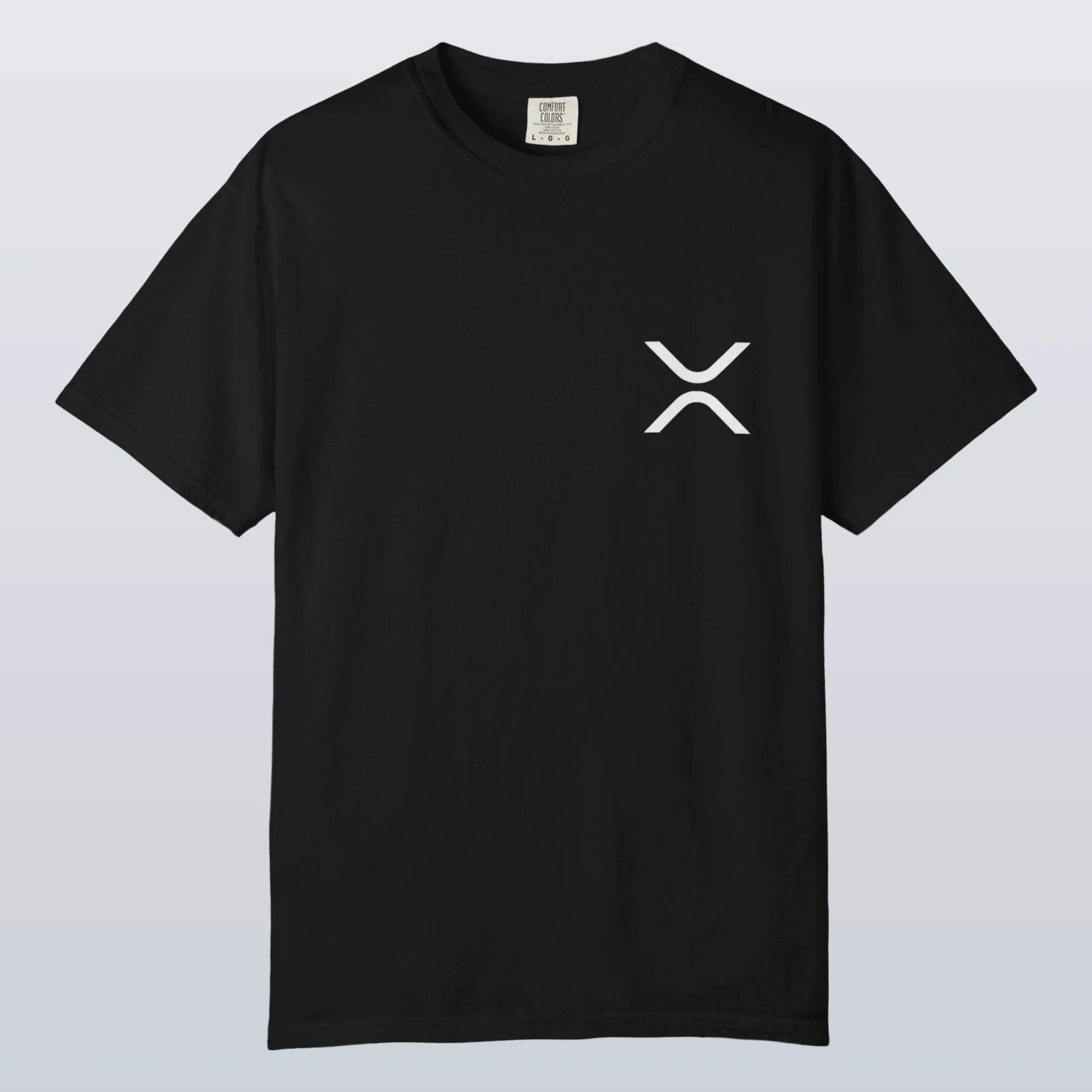 Black XRP t-shirt with a white XRP logo on a light gray background