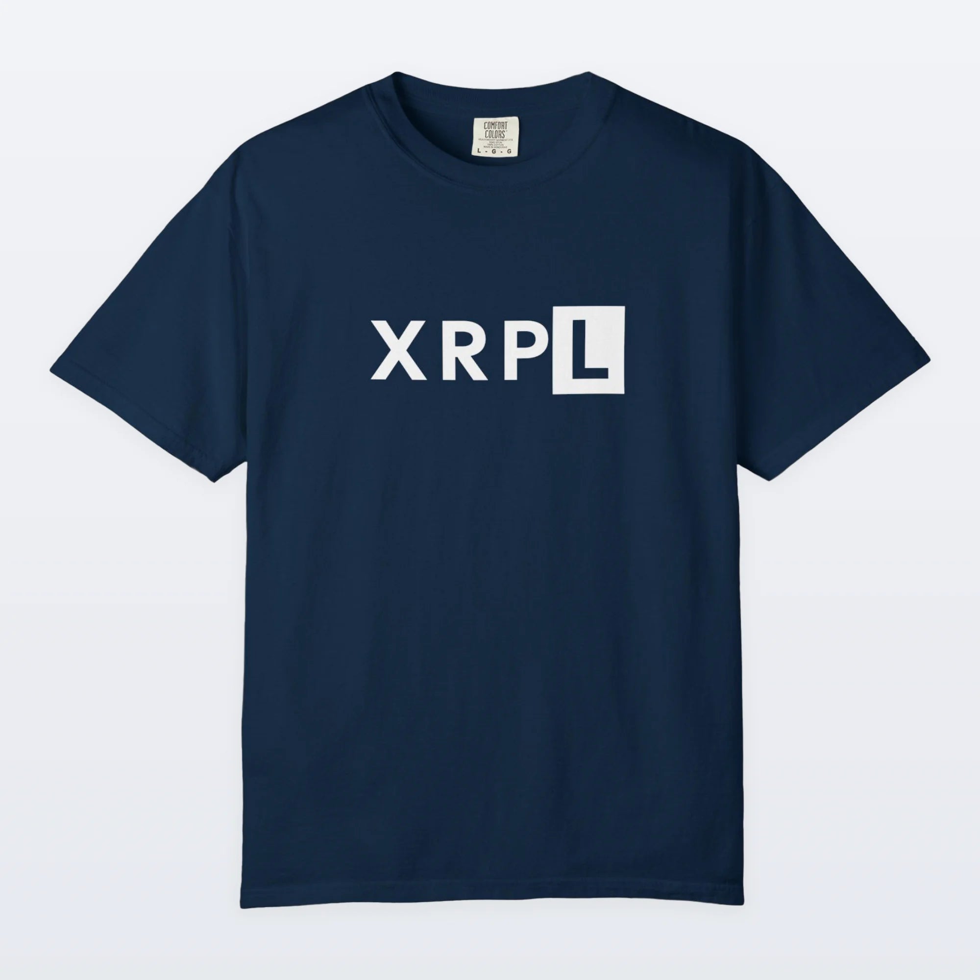 Navy XRP blue t-shirt with 'XRPL' logo on a white background