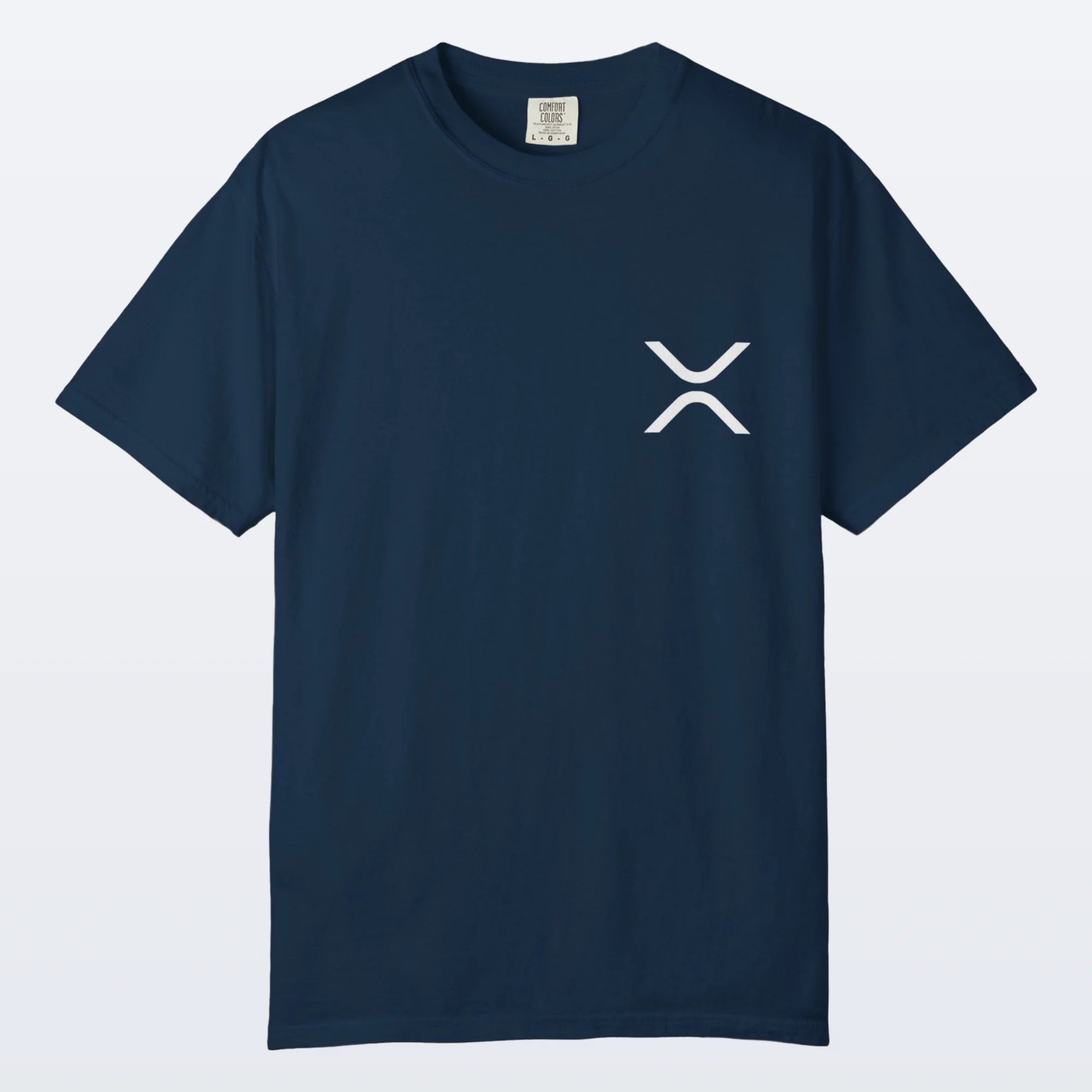 Navy blue XRP t-shirt with a white XRP logo on a light gray background
