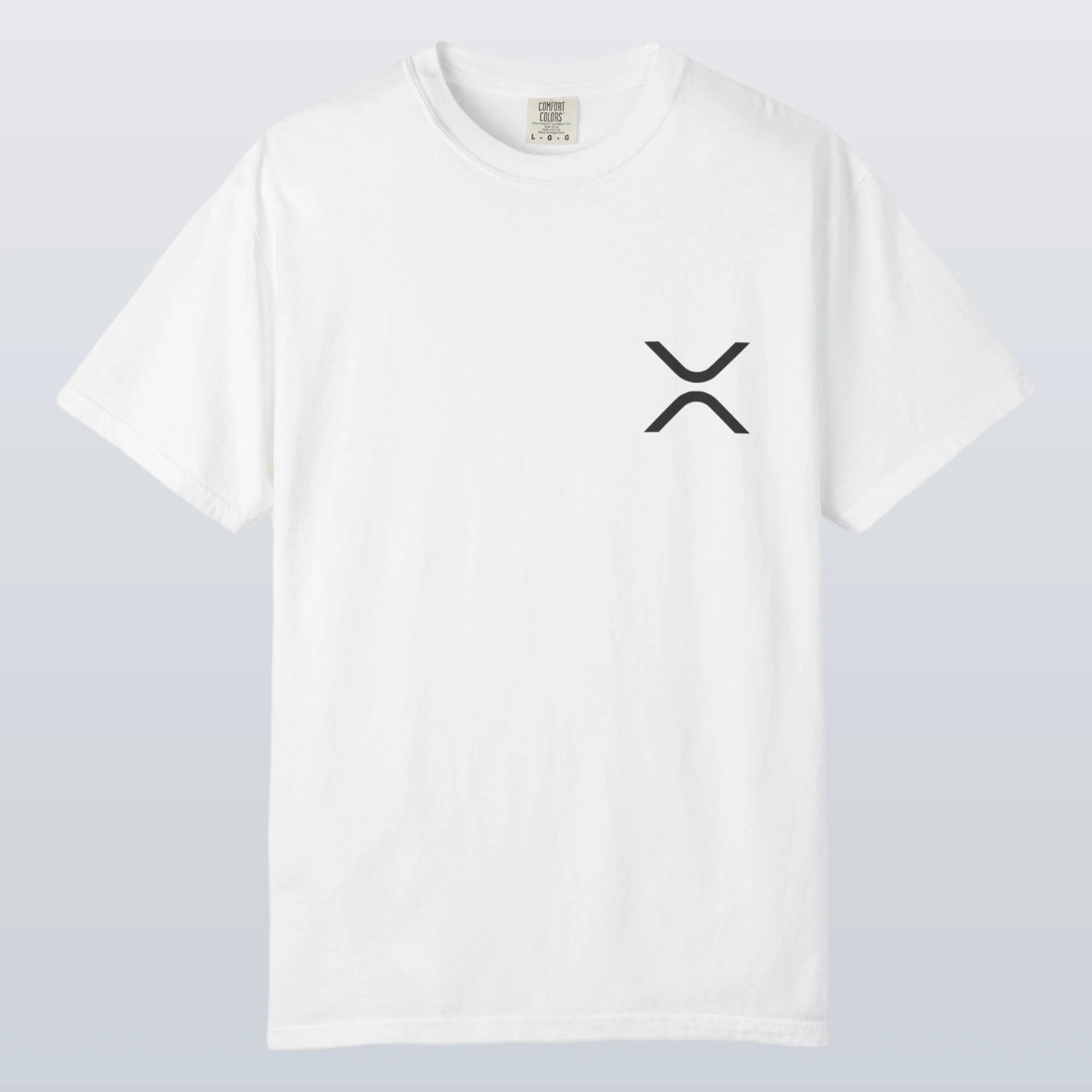 White XRP t-shirt with a black XRP logo on a light gray background
