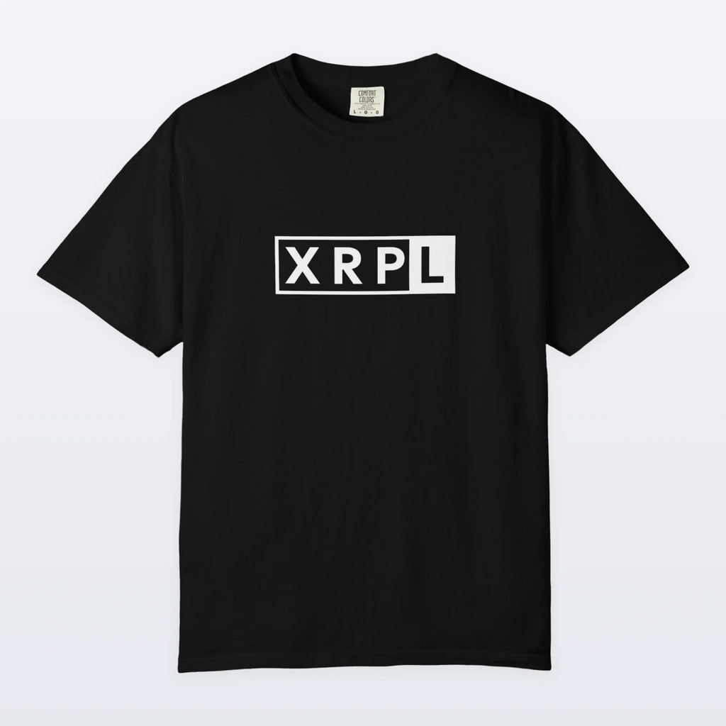 Black XRP t-shirt with 'XRPL' logo on a white background