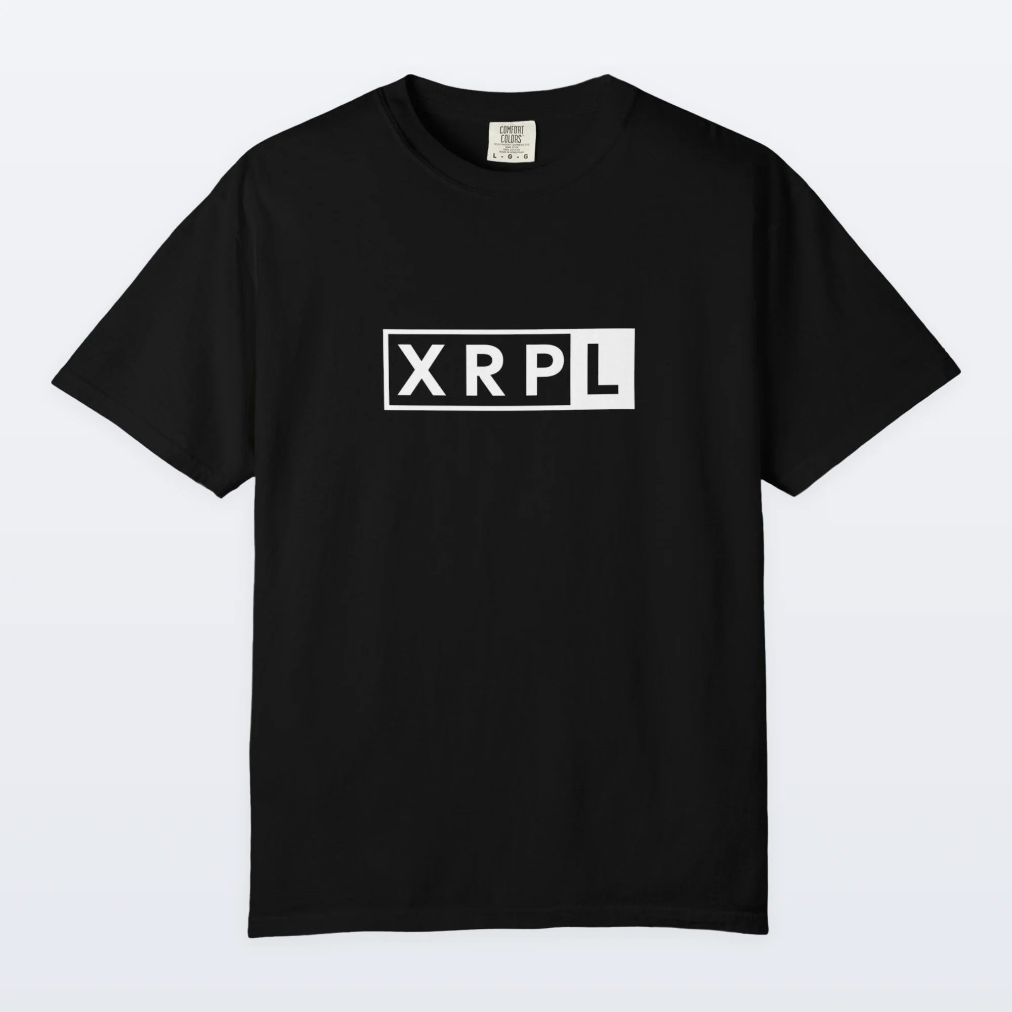 Black XRP t-shirt with 'XRPL' logo on a white background