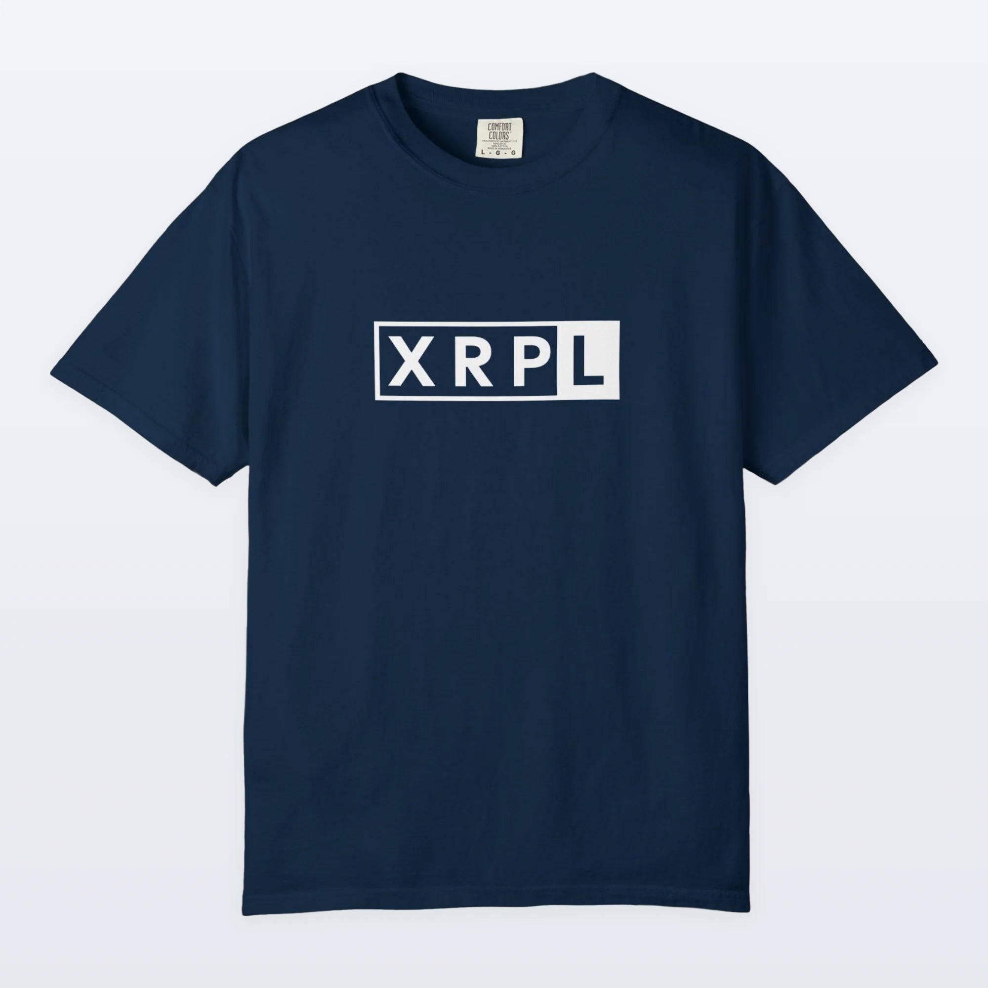 Navy XRP blue t-shirt with 'XRPL' logo on a white background