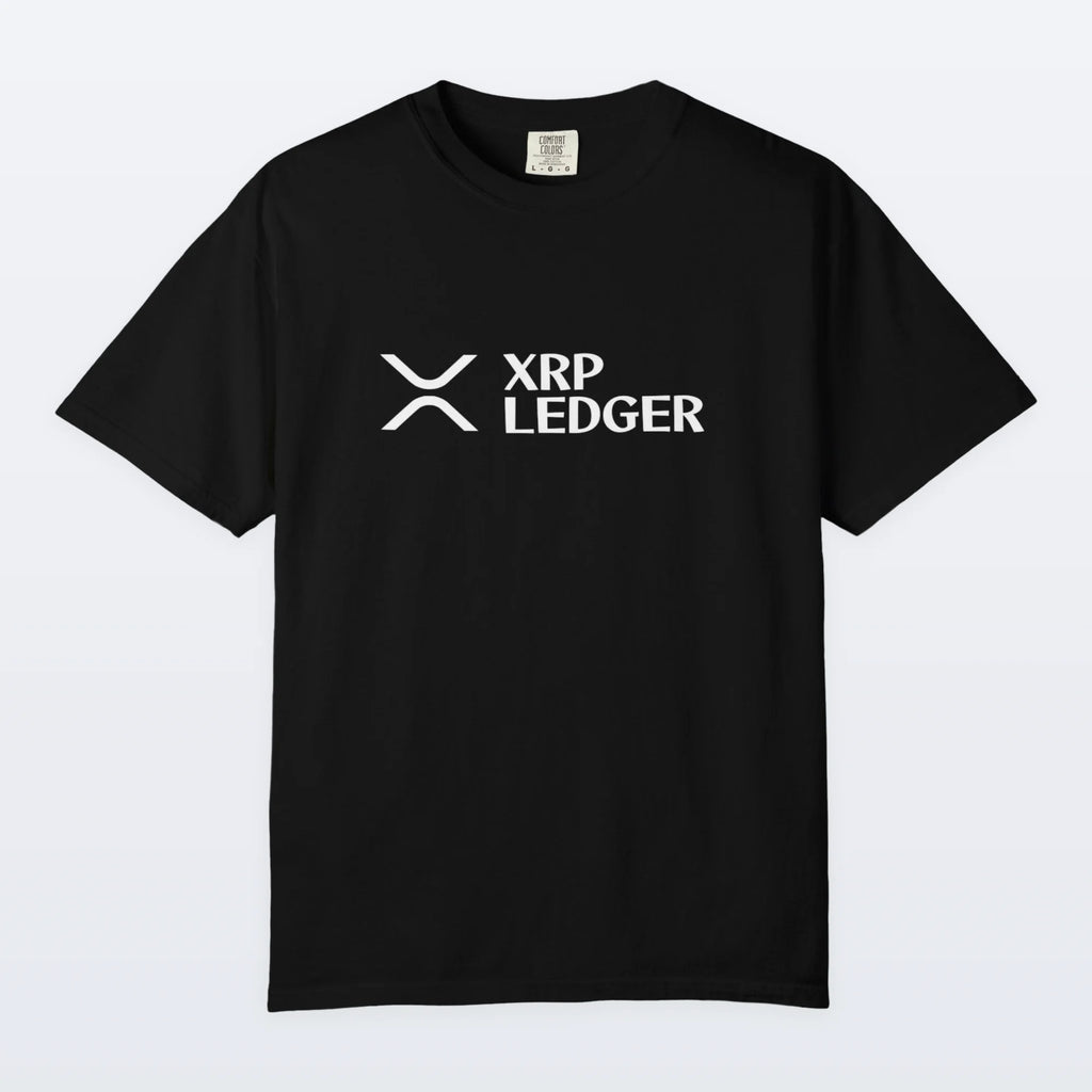 Black XRP t-shirt with XRP Ledger logo on a white background