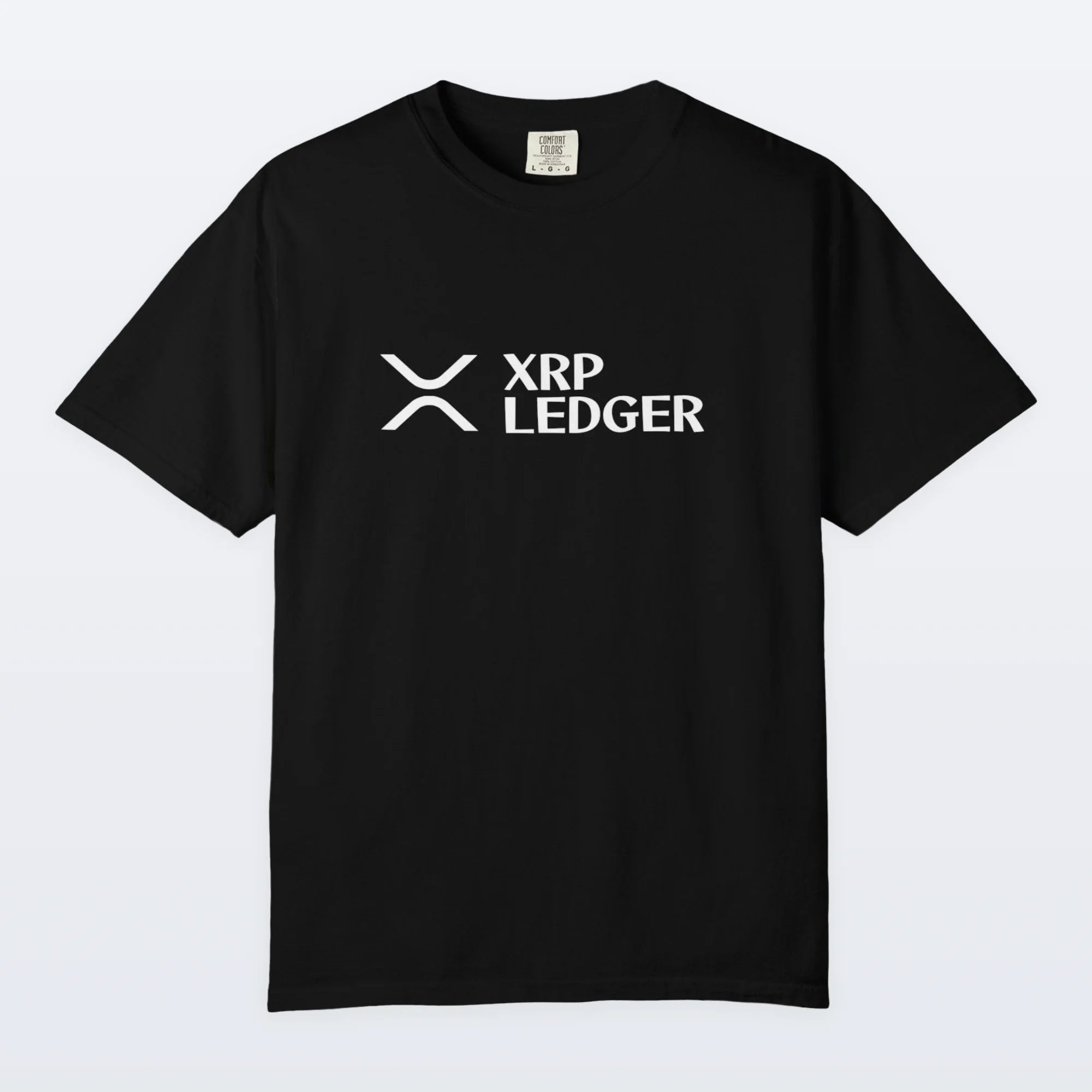 Black XRP t-shirt with XRP Ledger logo on a white background