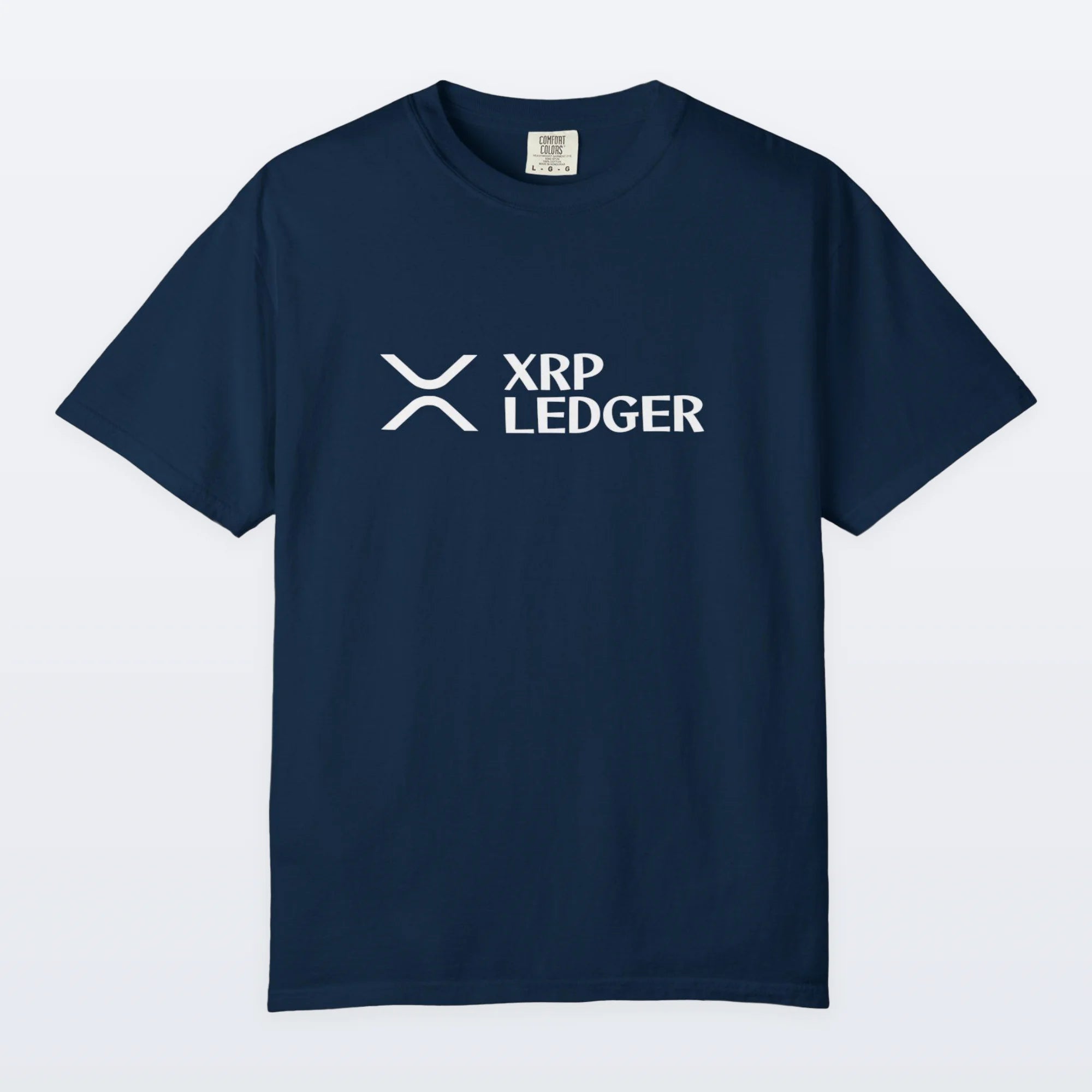 Navy blue XRP t-shirt with XRP Ledger logo on a white background