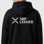 Black XRP hoodie with XRP Ledger logo on the back against a white background