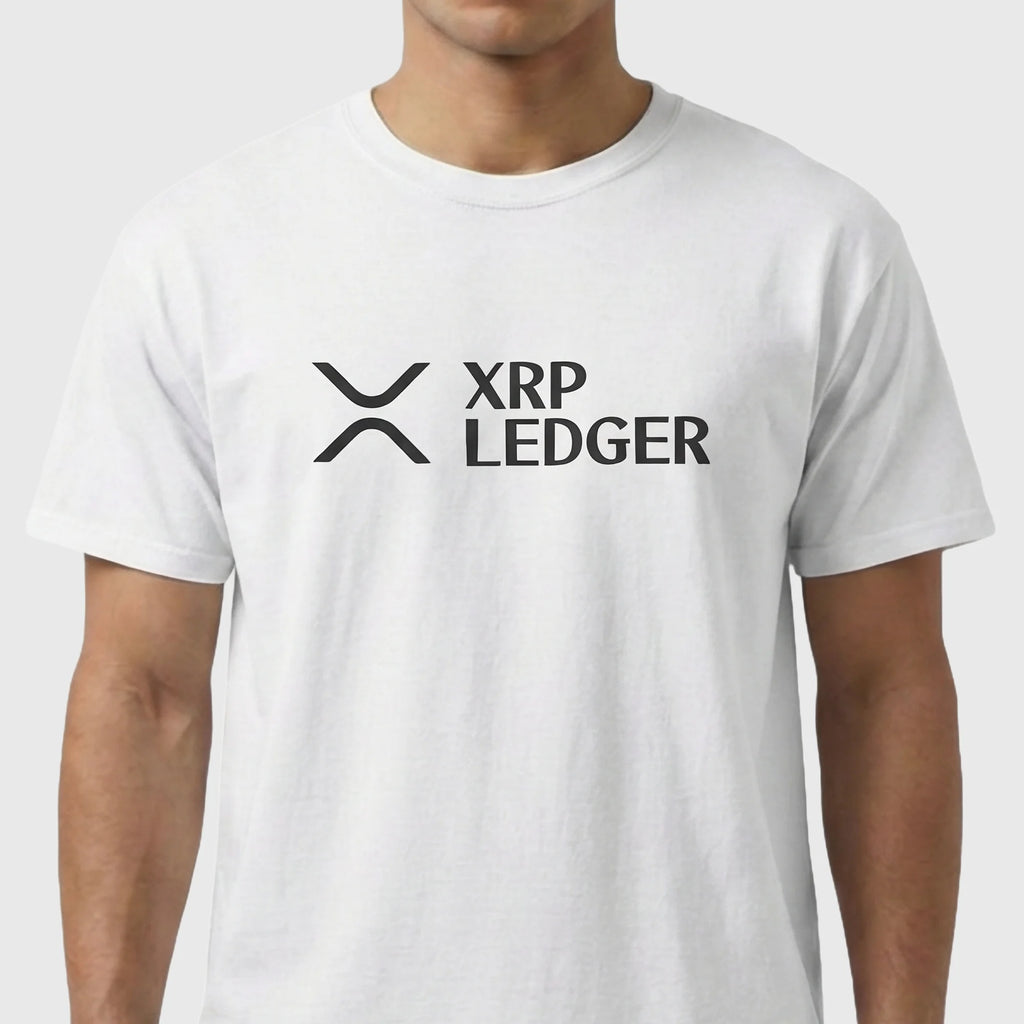 Person wearing a white XRP t-shirt with XRP Ledger logo