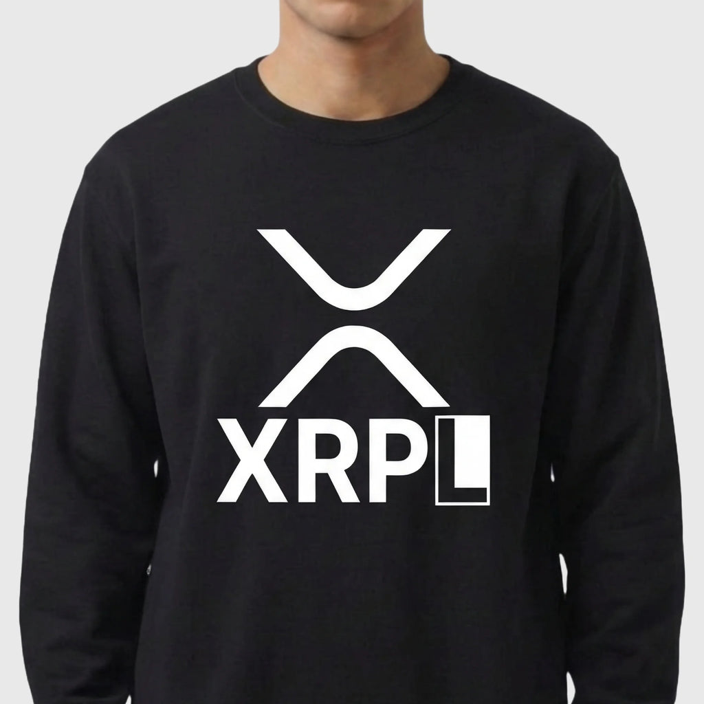 Black XRP sweatshirt with white 'XRPL' logo on a plain background