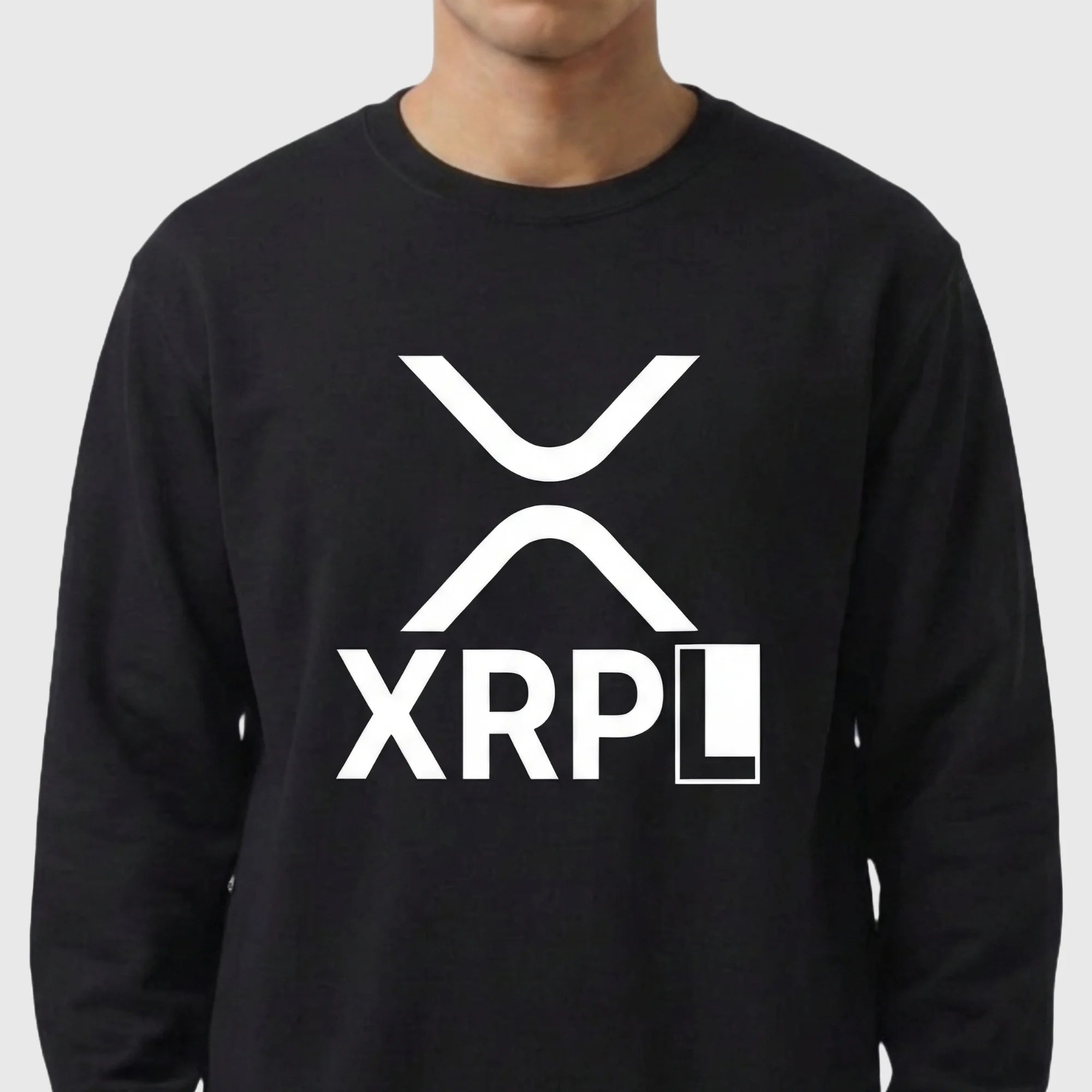 Black XRP sweatshirt with white 'XRPL' logo on a plain background