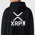 Black XRP hoodie with 'XRPL' logo on the back against a white background