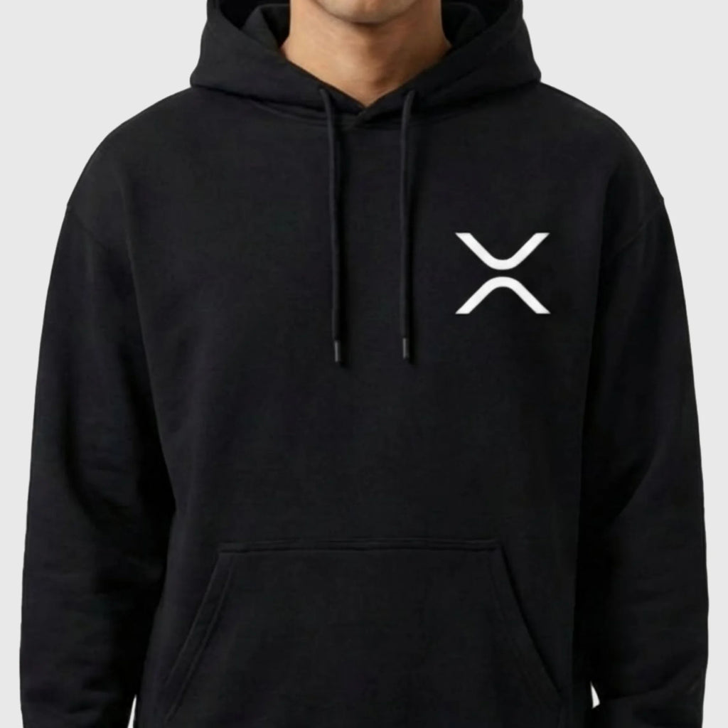 Black XRP hoodie with a white XRP logo on a white background
