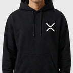 Black XRP hoodie with a white XRP logo on a white background