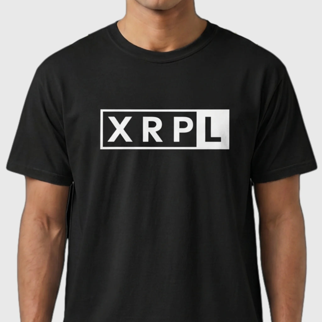 Black XRP t-shirt with 'XRPL' logo worn by a person on a white background