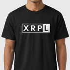 Black XRP t-shirt with 'XRPL' logo worn by a person on a white background