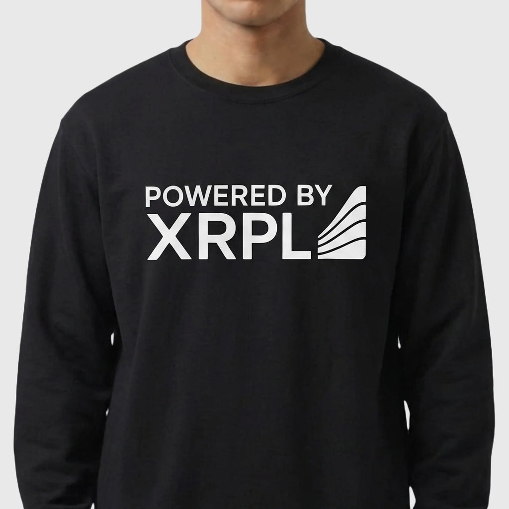 Black XRP sweatshirt with 'Powered by XRPL' text on a white background