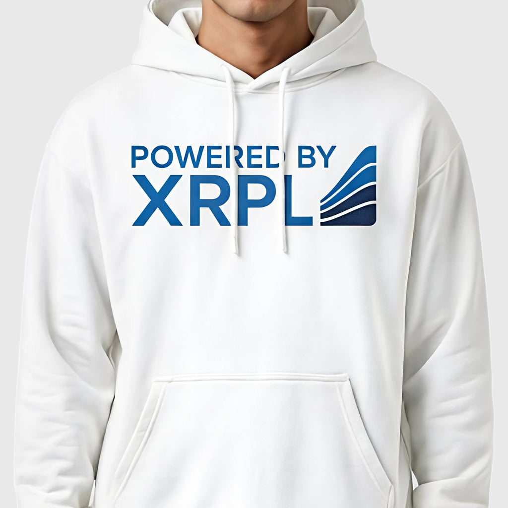 Model wearing White XRP hoodie with 'Powered by XRPL' text and logo on a gray background