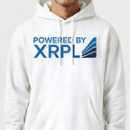 Model wearing White XRP hoodie with 'Powered by XRPL' text and logo on a gray background