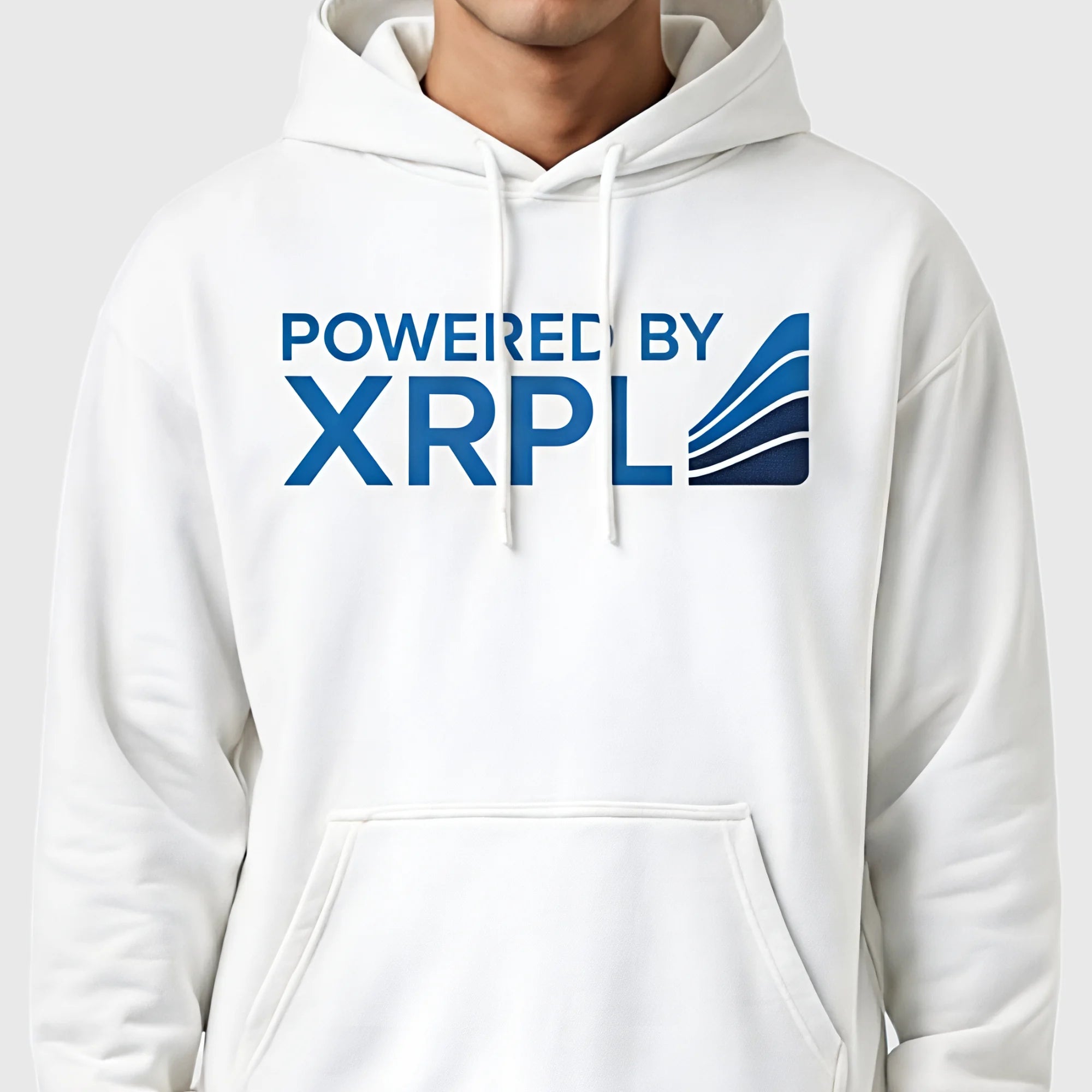 Model wearing White XRP hoodie with 'Powered by XRPL' text and logo on a gray background
