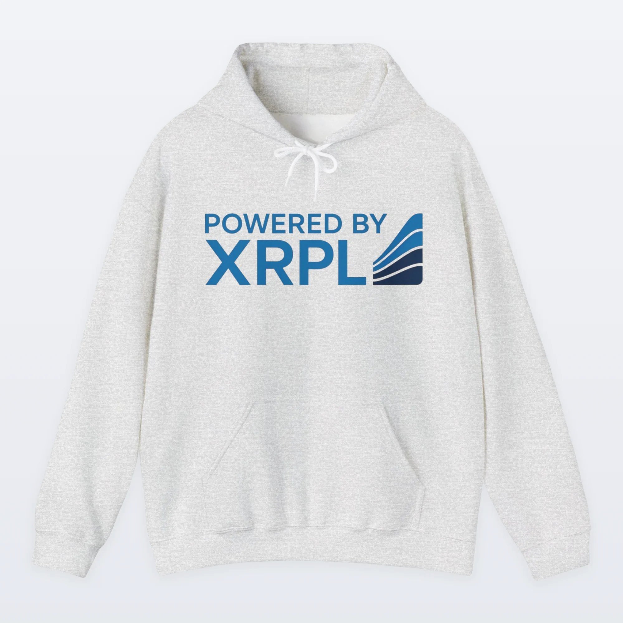 Ash XRP hoodie with 'Powered by XRPL' text and logo on a gray background