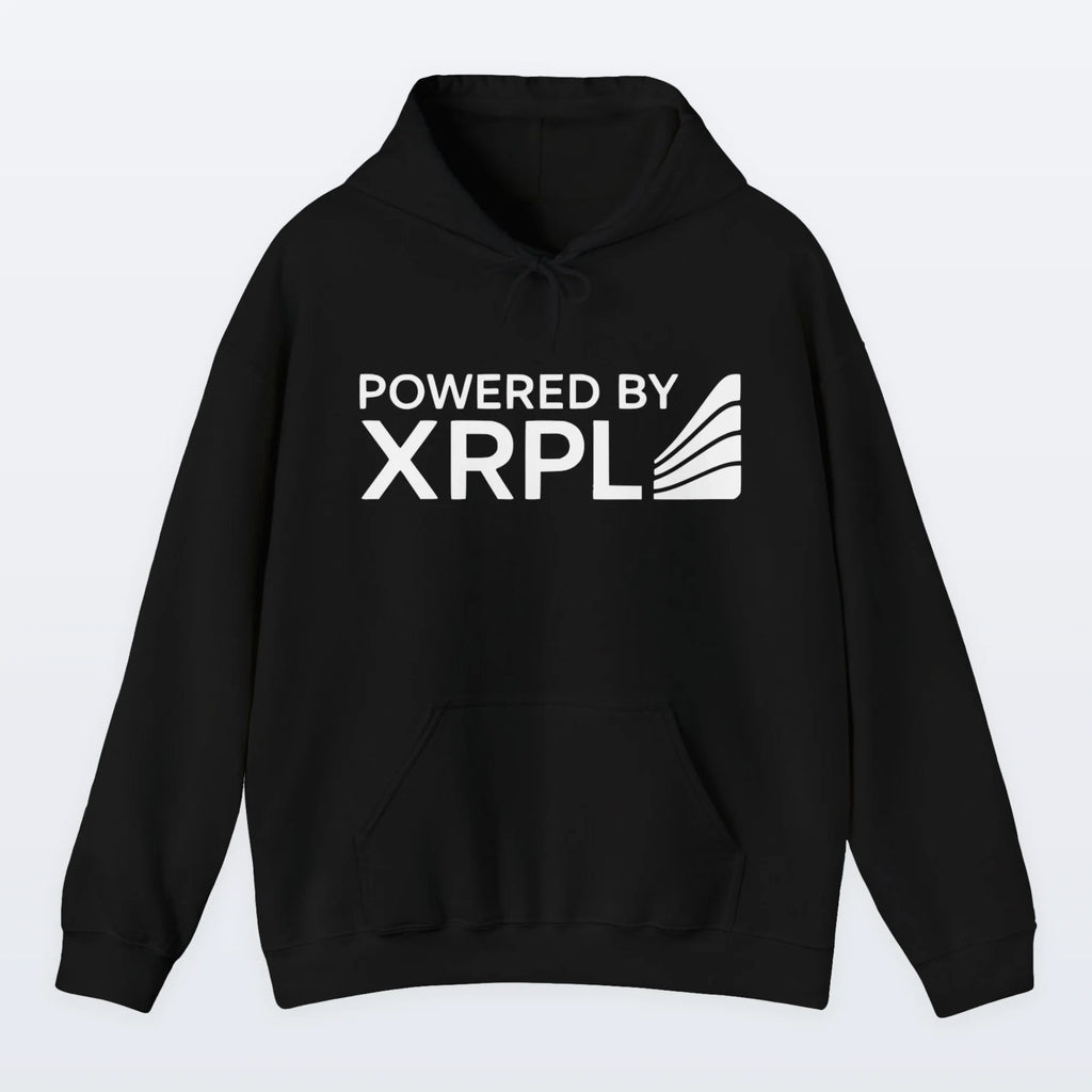 Black XRP hoodie with 'Powered by XRPL' text on a light gray background