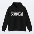 Black XRP hoodie with 'Powered by XRPL' text on a light gray background